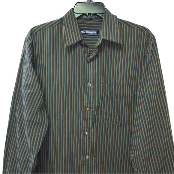 Button Up Shirt Green with Vertical Stripes Size M - Picture 3 of 6